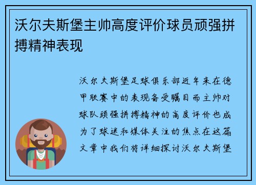 沃尔夫斯堡主帅高度评价球员顽强拼搏精神表现 沃尔夫斯堡主帅高度评价球员顽强拼搏精神表现